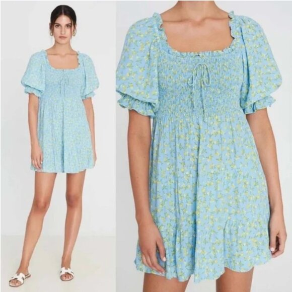 Faithfull The Brand Charlotte Mini Dress 6 Smocked Blue Ditsy Floral Puf… - Picture 2 of 14